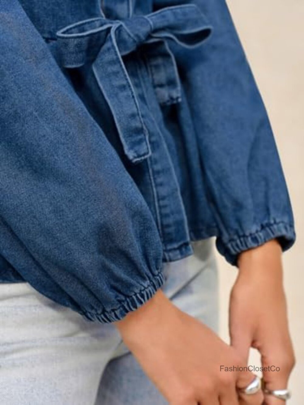 Women's Denim Babydoll Blouse with Long Puff Sleeves - Picture 5 of 6